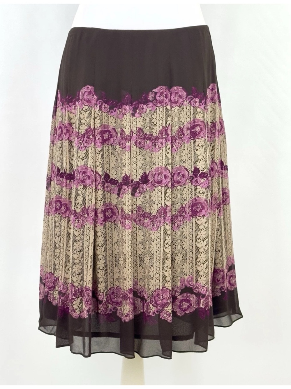 Vintage Y2K AK Anne Klein 100% Silk Chiffon Floral Pleated Midi Skirt 14
